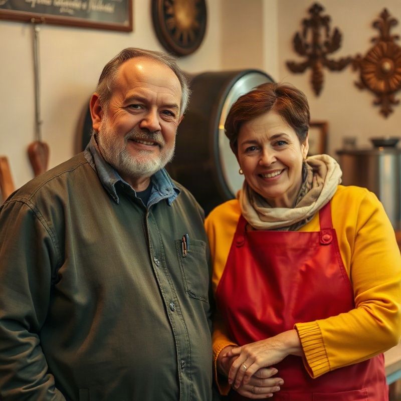 Dvaja členovia rodinnej dielne spoločne posudzujú náradie.